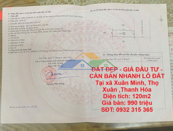 Đất đẹp - giá đầu tư - cần bán nhanh lô đất tại xã xuân minh, thọ xuân ,thanh hóa