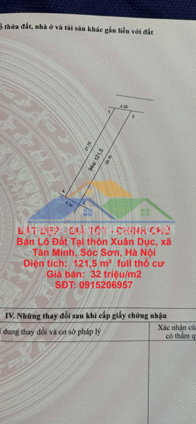 Đất đẹp - giá tốt - chính chủ bán lô đất tại thôn xuân dục, xã tân minh, sóc sơn, hà nội