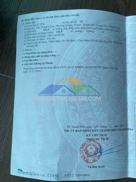 Chính chủ cần bán đất mặt tiền tại đường thanh chương, phường quảng thành, tp.thanh hóa, thanh hóa
