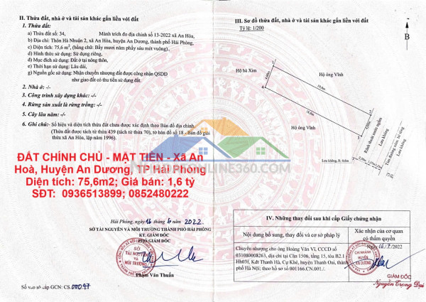 Đất chính chủ - mặt tiền - xã an hoà, huyện an dương, tp hải phòng