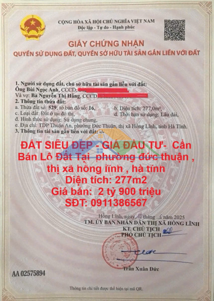 Đất siêu đẹp - giá đầu tư-  cần bán lô đất tại  phường đức thuận , thị xã hồng lĩnh , hà tĩnh