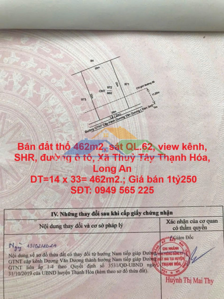 Bán đất thổ 462m2, sát ql.62, view kênh, shr, đường ô tô, xã thuỷ tây thạnh hóa, long an