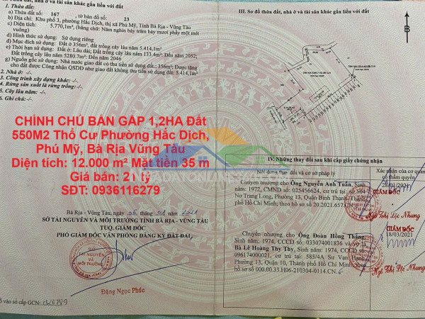 Chính chủ bán gấp 1,2ha đất 550m2 thổ cư phường hắc dịch, phú mỹ, bà rịa vũng tàu