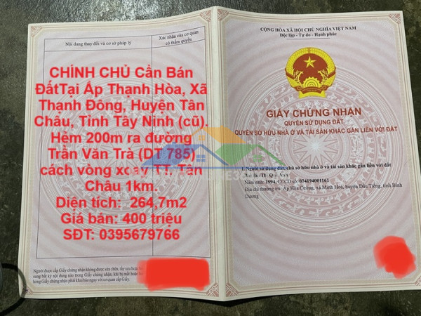Chính chủ cần bán đấttại ấp thạnh hòa, xã thạnh đông, huyện tân châu, tỉnh tây ninh (cũ).