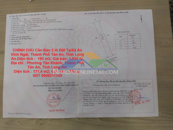 Chính chủ cần bán 2 lô đất tại xã an vĩnh ngãi và phường tân khánh, tp tân an, long an.