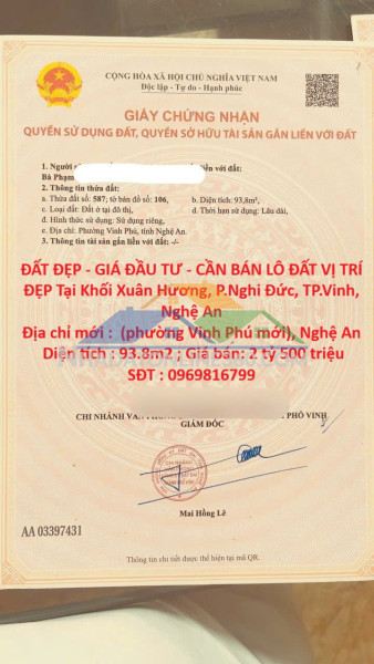 Đất đẹp - giá đầu tư - cần bán lô đất vị trí đẹp tại khối xuân hương, p.nghi đức, tp.vinh, nghệ an