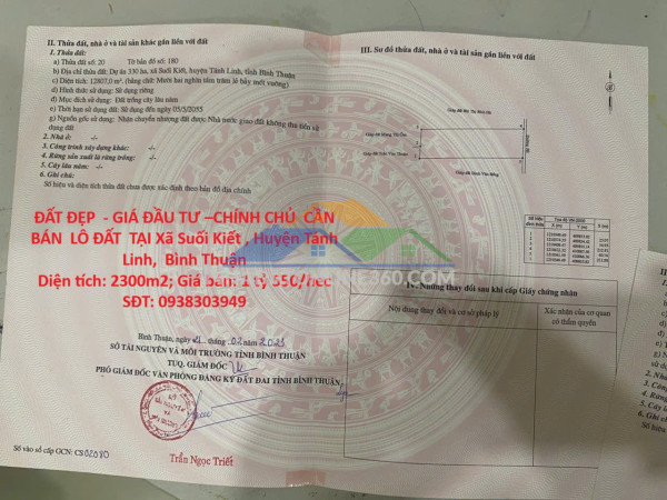 Đất đẹp  - giá đầu tư –chính chủ  cần bán  lô đất  tại xã suối kiết , huyện tánh linh,  bình thuận