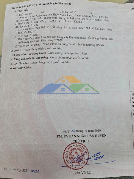 Chính chủ bán lô đất đẹp tại thôn xuân sen, xã thủy xuân tiên, chương mỹ, hà nội