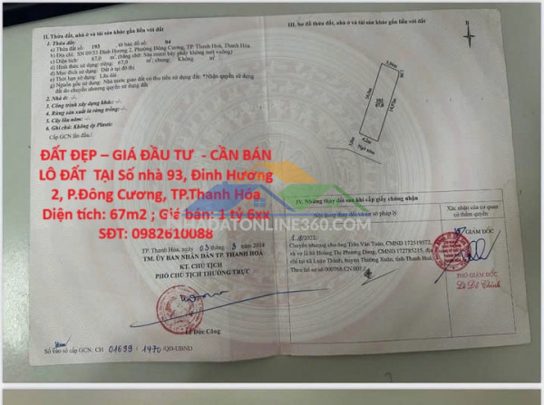 Đất đẹp – giá đầu tư  - cần bán lô đất  tại số nhà 93, đinh hương 2, p.đông cương, tp.thanh hóa