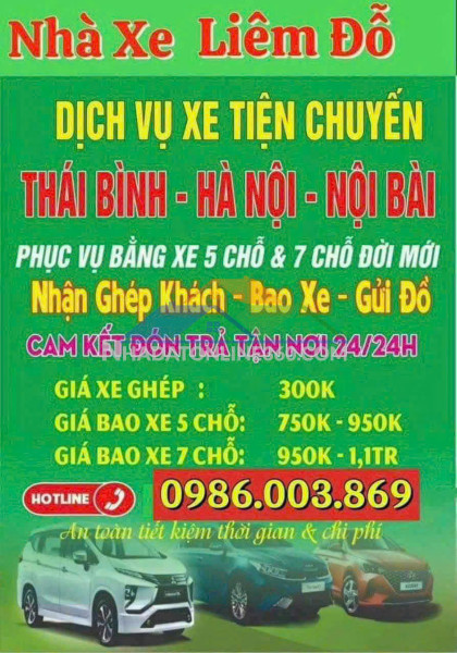 Nhà xe liêm đỗ - dịch vụ xe tiện chuyến thái bình - hà nội- nội bài - sb cát bi hải phòng