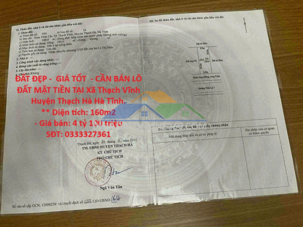 Đất đẹp -  giá tốt  - cần bán lô đất mặt tiền tại xã thạch vĩnh huyện thạch hà hà tĩnh.