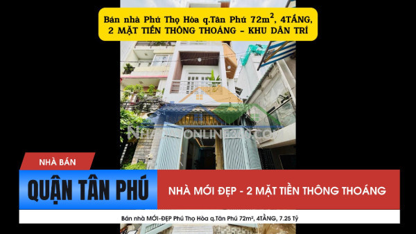 Bán nhà mới-đẹp phú thọ hòa q.tân phú 72m², 4tầng, 7.25 tỷ