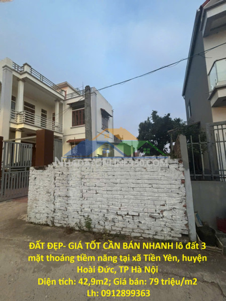 Đất đẹp- giá tốt cần bán nhanh lô đất 3 mặt thoáng tiềm năng tại huyện hoài đức, tp hà nội