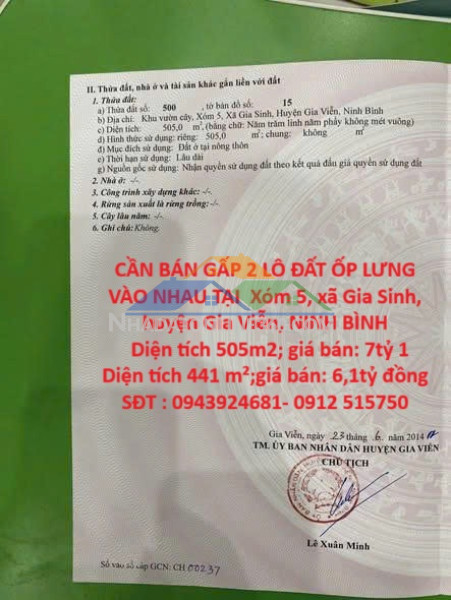 Cần bán gấp 2 lô đất ốp lưng vào nhau tại  xóm 5, xã gia sinh,...