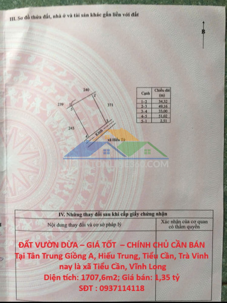 Đất vườn dừa – giá tốt  – chính chủ cần bán tại tân trung giồng a, hiếu trung, tiểu cần, trà vinh