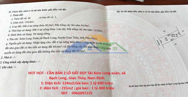 Hot hot - cần bán 2 lô đất đẹp tại xóm long xuân, xã bạch long, giao thủy, nam định