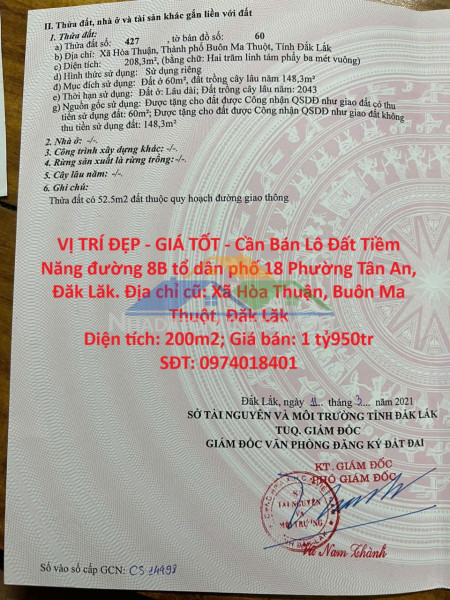 Vị trí đẹp - giá tốt - cần bán lô đất tiềm năng đường 8b tổ dân phố 18 phường tân an, đăk lăk