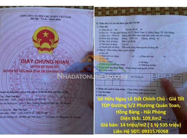 Sở hữu ngay lô đất chính chủ - giá tốt tdp đường 5/2 phường quán toan, hồng bàng - hải phòng
