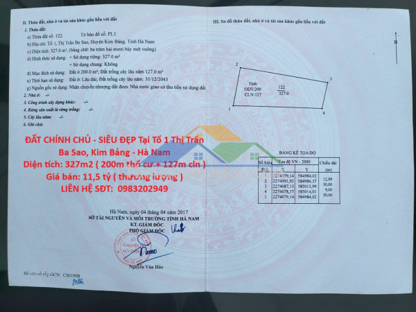 Đất chính chủ - siêu đẹp tại tổ 1 thị trấn ba sao, kim bảng...