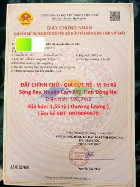 Đất chính chủ - giá cực rẻ - vị trí xã sông ray, huyện cẩm mỹ, tỉnh đồng nai