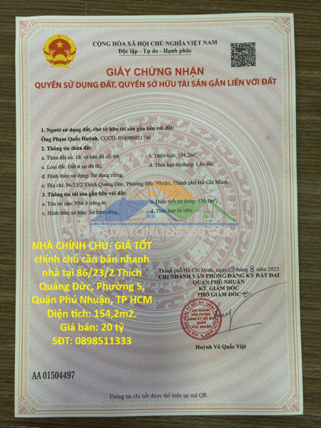 Nhà chính chủ- giá tốt chính chủ cần bán nhanh nhà tại phường 5, quận phú nhuận, tp hcm