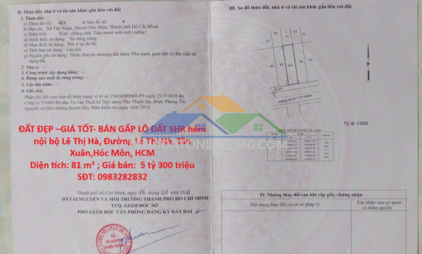 Đất đẹp –giá tốt- bán gấp lô đất shr hẻm nội bộ lê...