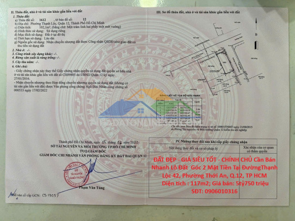 Đất đẹp - giá siêu tốt - chính chủ cần bán nhanh lô đất  góc 2 mặt tiền tại quận 12, tp hcm