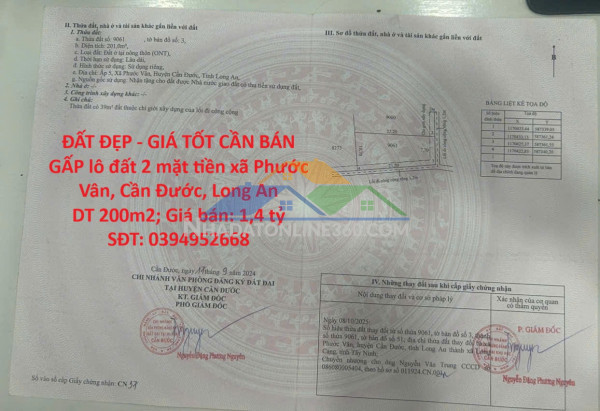 Đất đẹp - giá tốt cần bán gấp lô đất 2 mặt tiền xã phước vân, cần đước, long an