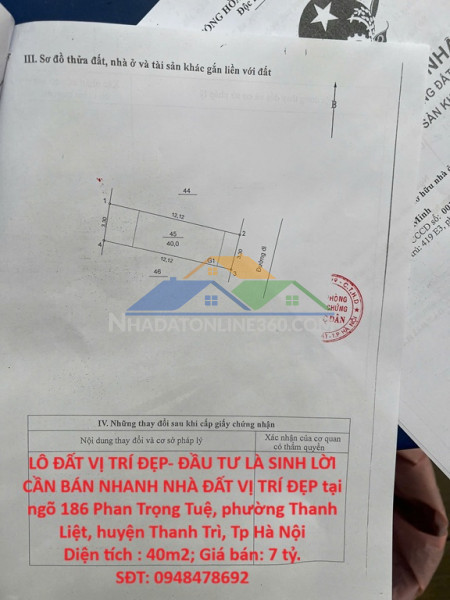 Lô đất vị trí đẹp- đầu tư là sinh lời cần bán nhanh nhà đất vị trí đẹp tại phường thanh liệt, huyện thanh trì, tp hà nội