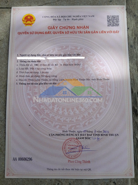 Bán 400m2 đất mặt đường bê tông tại thôn liêm thuận, xã hồng liêm, hàm thuận bắc, bình thuận