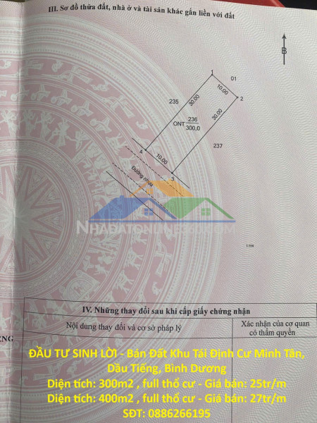Đầu tư sinh lời - bán đất khu tái định cư minh tân, dầu tiếng, bình dương