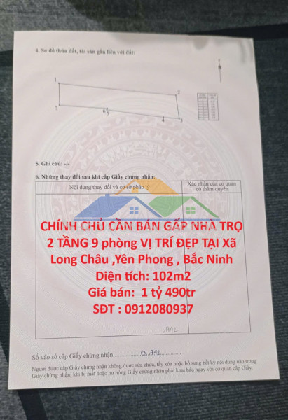Chính chủ cần bán gấp nhà trọ 2 tầng 9 phòng vị trí đẹp...