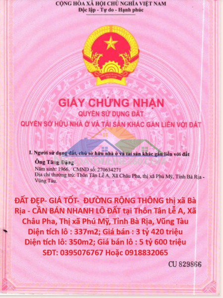 Đất đẹp- giá tốt-  đường rộng thông thị xã bà rịa - cần bán nhanh lô đất tại xã châu pha, phú mỹ.