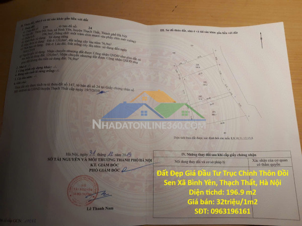 Đất đẹp giá đầu tư trục chính thôn đồi sen xã bình yên, thạch thất, hà nội