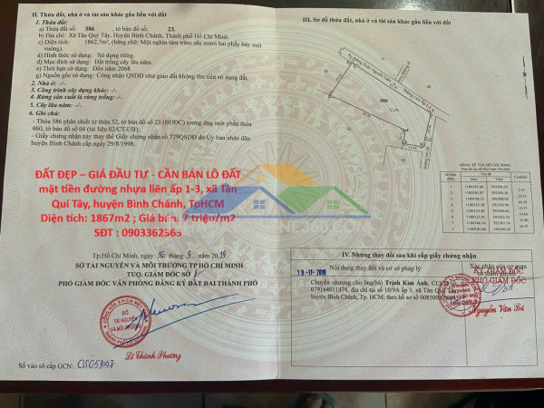 Đất đẹp – giá đầu tư - cần bán lô đất  mặt tiền đường nhựa liên ấp 1-3, xã tân quí tây, huyện bình chánh, tphcm