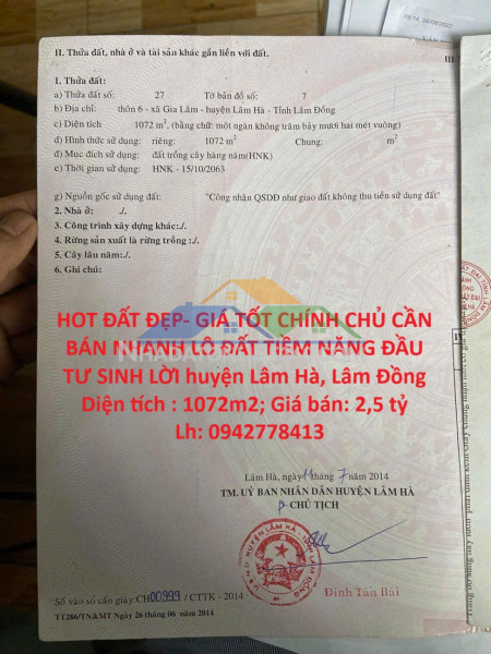 Hot đất đẹp- giá tốt chính chủ cần bán nhanh lô đất tiềm năng đầu tư sinh lời huyện lâm hà, lâm đồng