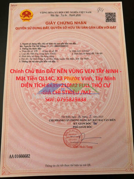 Chính chủ bán đất nền vùng ven tây ninh - mặt tiền ql14c, xã...