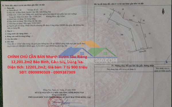 Chính chủ cần bán nhanh vườn sầu riêng 12,201.2m2 bảo bình, cẩm mỹ, đồng nai