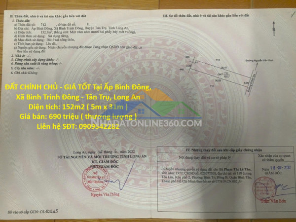 Đất chính chủ - giá tốt tại ấp bình đông, xã bình trinh đông - tân trụ, long an