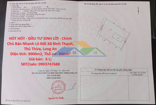 Hót hót - đầu tư sinh lời - chính chủ bán nhanh lô đất xã bình thạnh, thủ thừa, long an
