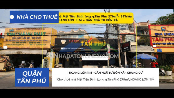 Cho thuê nhà mặt tiền bình long q.tân phú 270m²,ngang 11m- 32triệu