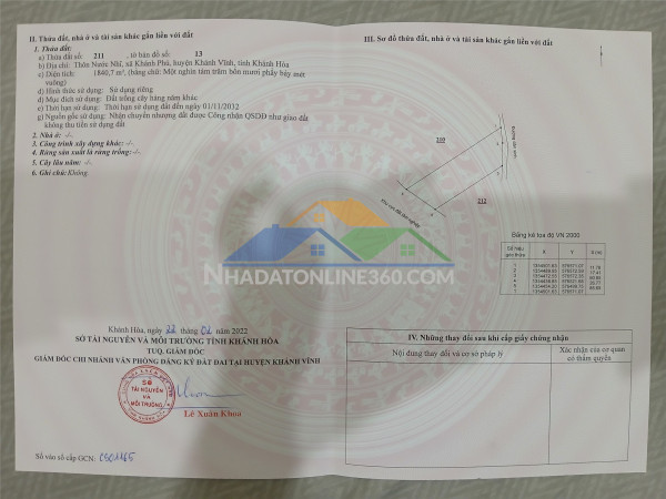 Bán đất gần ngã 3 nước nhĩ – khánh phú, khánh vĩnh, khánh hòa – giá tốt