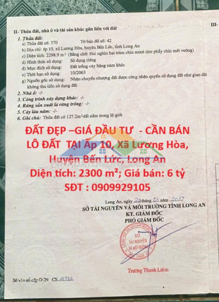Đất đẹp –giá đầu tư  - cần bán lô đất  tại ấp 10, xã lương hòa, huyện bến lức, long an