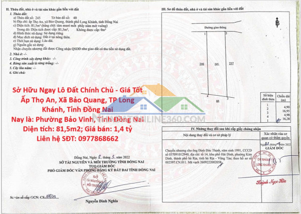 Sở hữu ngay lô đất chính chủ - giá tốt ấp thọ an, xã bảo quang, tp long khánh, tỉnh đồng nai