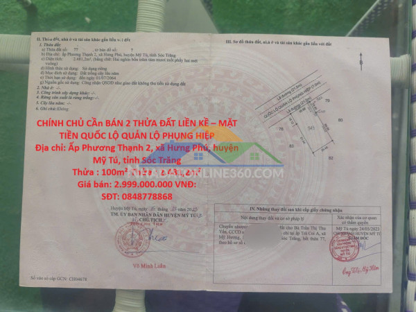 Chính chủ cần bán 2 thửa đất liền kề – mặt tiền quốc lộ quản lộ phụng hiệp