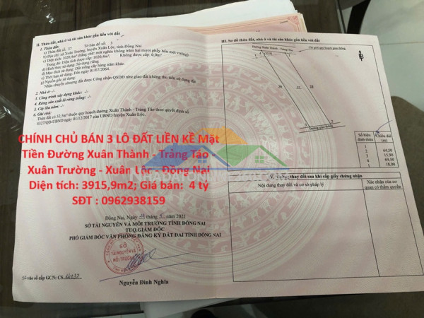 Chính chủ bán 3 lô đất liền kề mặt tiền đường xuân thành - trảng táo - xuân trường - xuân lộc - đồng nai