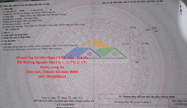 Nhanh tay sở hữu ngay lô đất đẹp - giá ưu đãi đường nguyễn văn lãnh, xã mỹ lệ, cần đước, long an