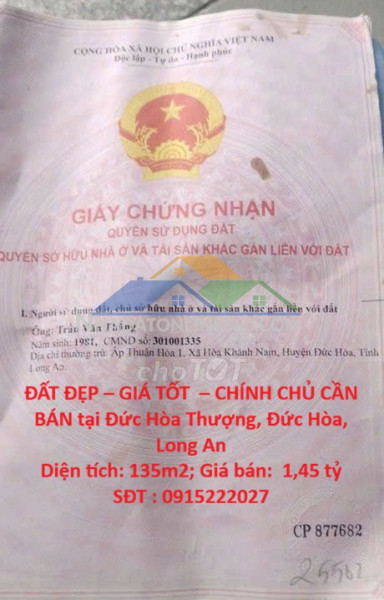Đất đẹp – giá tốt  – chính chủ cần bán tại đức hòa thượng, đức hòa, long an