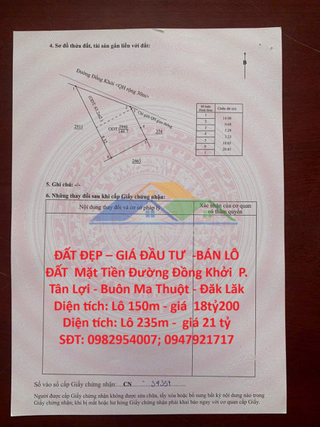 Đất đẹp – giá đầu tư  -bán lô đất  mặt tiền đường đồng khởi  p. tân lợi - buôn ma thuột - đăk lăk