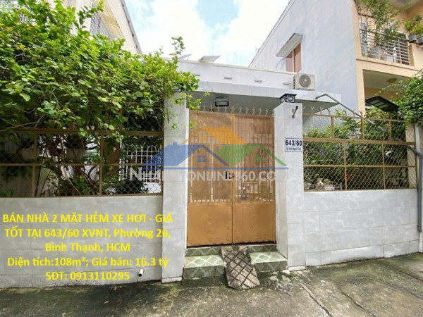 Bán nhà 2 mặt hẻm xe hơi - giá tốt tại 643/60 xvnt, phường 26, bình thạnh, hcm